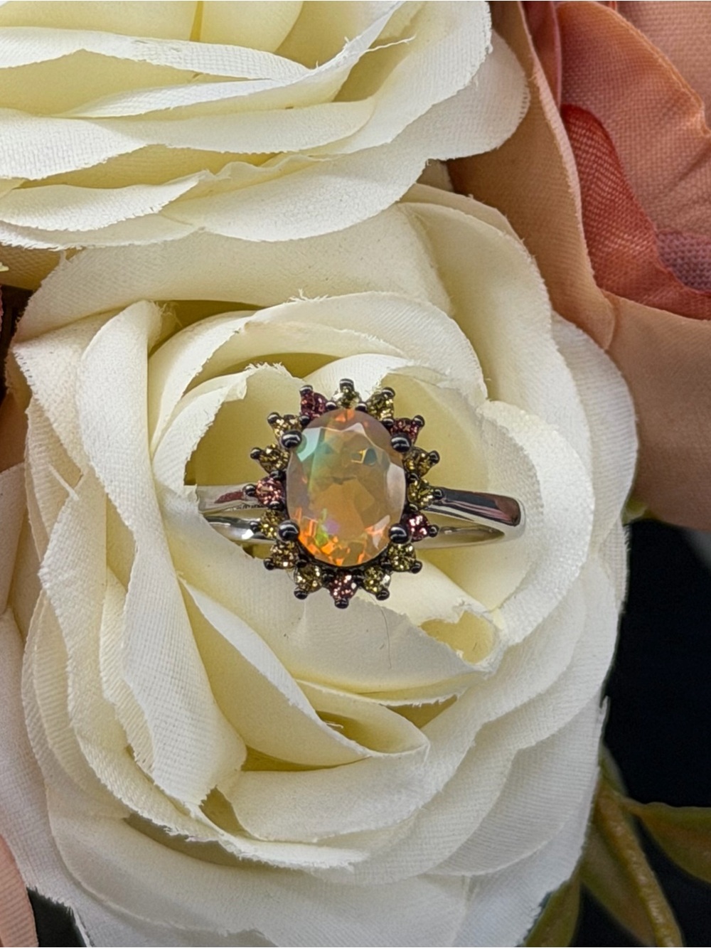 Enchanting Fire Opal Diamond Cut Sapphire halo 925 Sterling Silver Ring Sz 7 - Picture 7 of 13